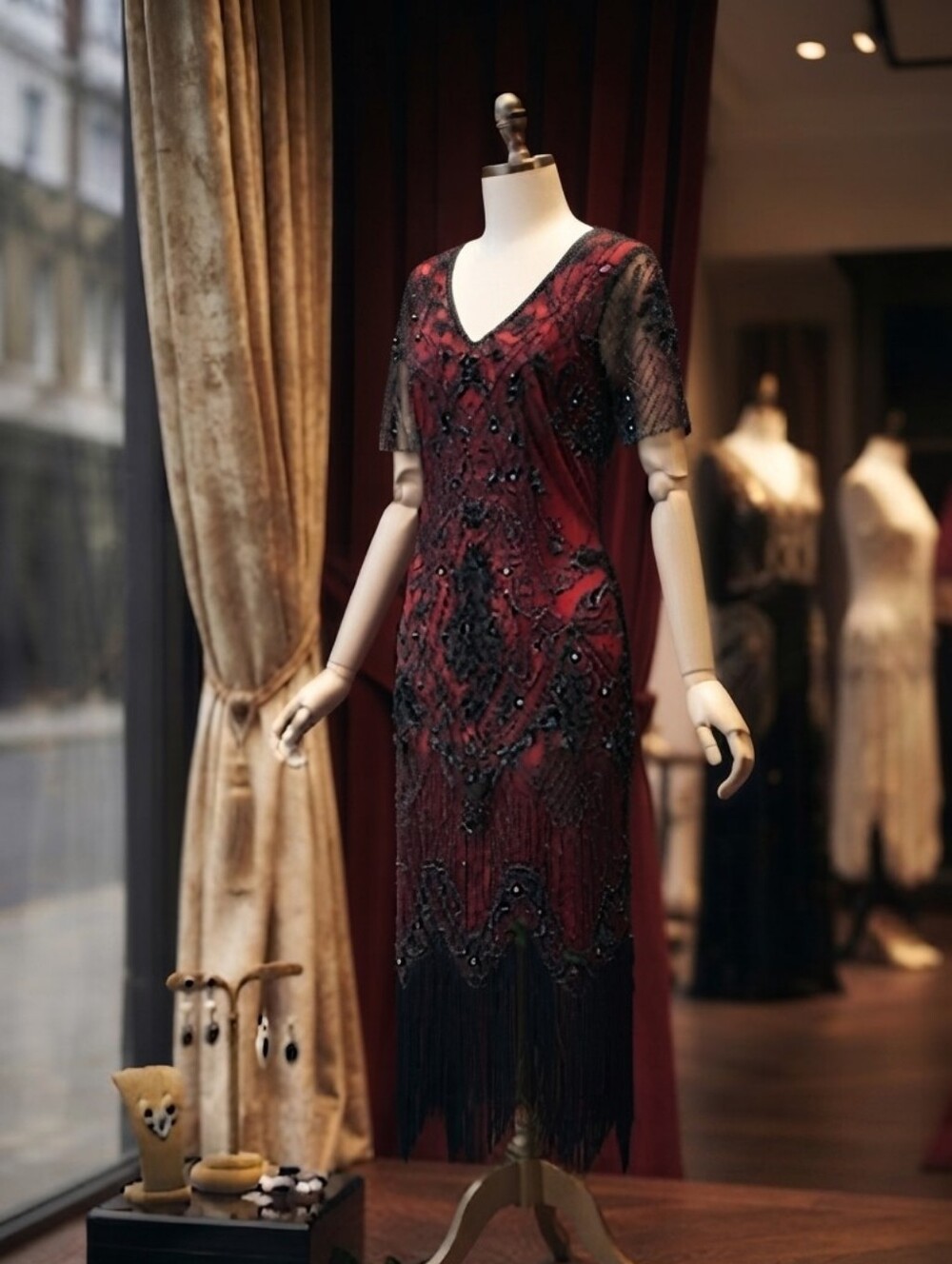 New Women's Red And Black Beaded V-Neck Fringe Cocktail Summer Dress Medium - Picture 5 of 16